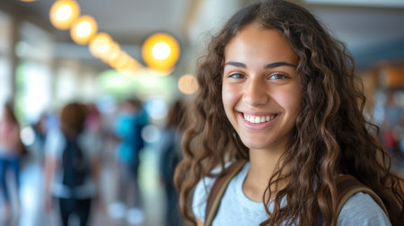 The young student's infectious smile lights up the frame, exuding positivity and happiness.の素材