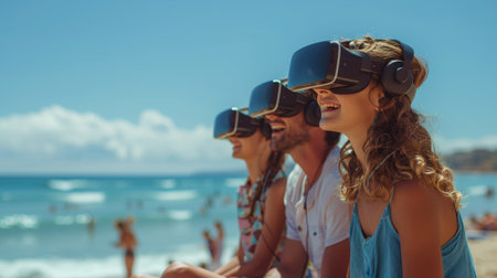 Family enjoying virtual reality on a busy beach, their laughter blending with the sounds of the ocean.の素材