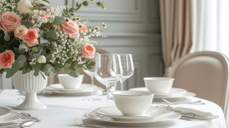 Elegant dining area set with fine china and fresh flowers, creating an atmosphere of refined hospitality.の素材