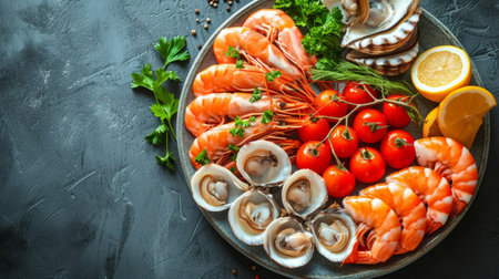 Deliciously plated seafood dishes, showing the benefits of a balanced diet.の素材