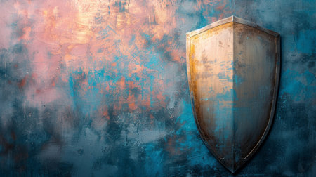 A minimalist abstract backdrop depicts a shield symbolizing protection against cyber threats.の素材