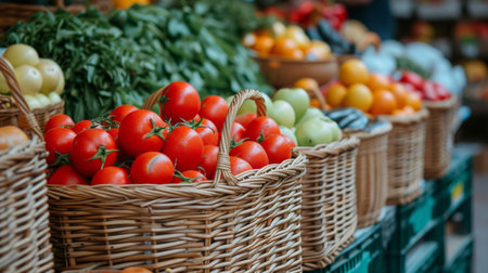 Farm-fresh produce arranged in baskets, advocating for sustainable and wholesome eating.の素材