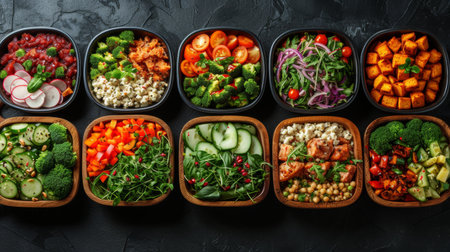 Freshly prepared meals featuring colorful ingredients, encouraging mindful eating.の素材