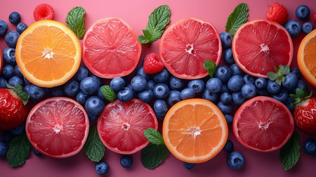 A minimalist background adorned with an assortment of summer fruits blends colors.の素材