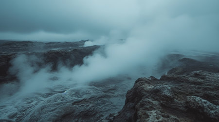 Geothermal energy wells releasing steam in volcanic landscapes, tapping into the Earth's heat.の素材