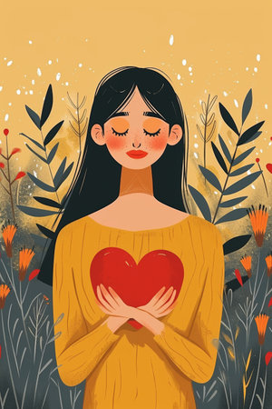 modern flat illustration woman with heart in hands.の素材
