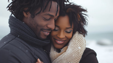 Wrapped in each other's arms, the Black couple shares a genuine and heartfelt embrace.の素材