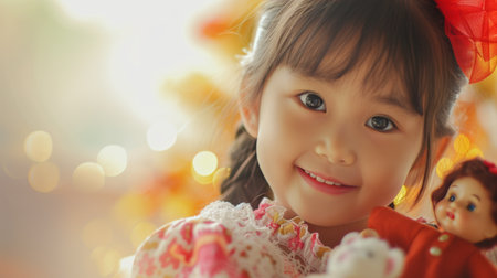The happy girl radiates joyful innocence while playing with her dolls.の素材