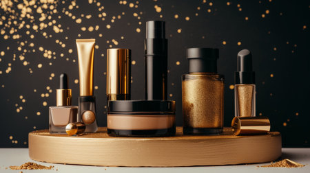Minimalistic yet impactful, the cosmetics on the podium radiate modern elegance.の素材