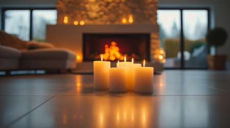 Inviting fireplace adorned with flickering candles, casting a soft glow across the room.の素材