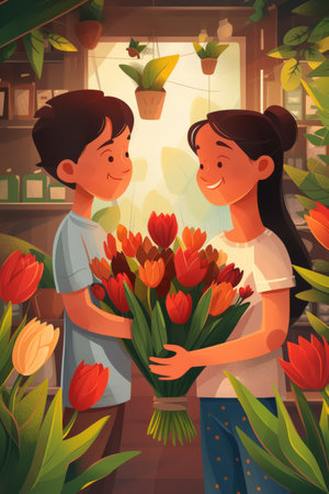 modern flat illustration Boy gives a bouquet of flowers to his mother.の素材