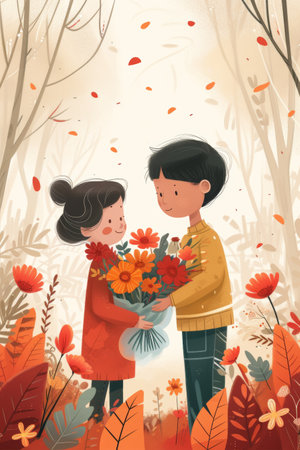 modern flat illustration Boy gives a bouquet of flowers to his mother.の素材