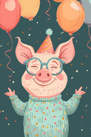 modern doodle illustration happy birthday pig.の素材