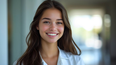 The young pharmacist beams with confidence, her smile illuminating the frame with positivity.の素材