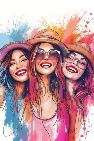 modern doodle illustration happy 3 women.の素材