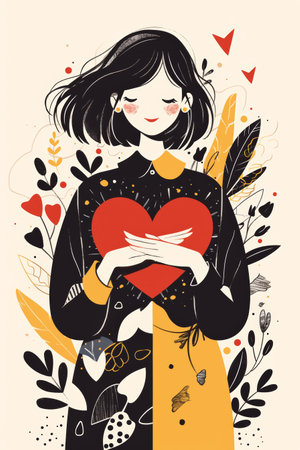 modern doodle style illustration woman with heart in hands.の素材