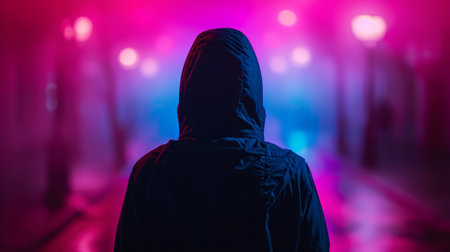 Soft neon glows accentuate the hacker's silhouette, adding a touch of mystery to the scene.の素材