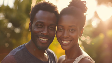 A happy Black couple, eyes glaming with love, radiating joy and warmth towards the camera.の素材