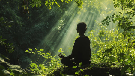 Sunlight streaming through lush green foliage onto a person meditating.の素材