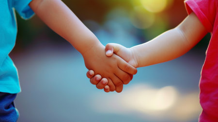 Two children holding hands, illustrating innocence and purity in their bond.の素材