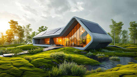 Renewable energy research facilities with futuristic architecture, paving the way for innovation in sustainability.の素材