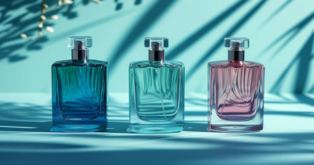 three bottles of perfume on a blue surface.の素材