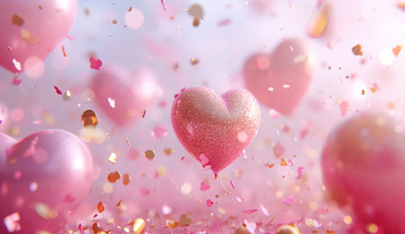 pink gold confetti hearts on pink background and balloons.の素材