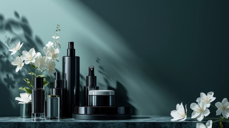 Sleek bottles and compacts arranged with precision, exuding sophistication and style.の素材