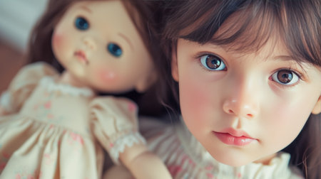 Her tender gestures towards her dolls reflect her nurturing nature and boundless affection.の素材