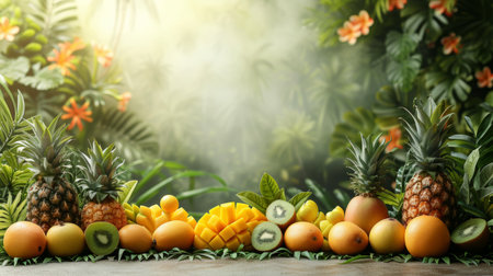 A serene backdrop featuring tropical fruits like pineapples, mangoes.の素材