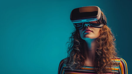 Woman exploring virtual environments through VR glasses, her face reflecting wonder and excitement.の素材