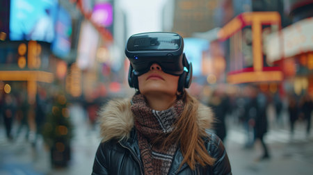 Woman wearing VR headset in a crowded city square, oblivious to the bustling surroundings.の素材