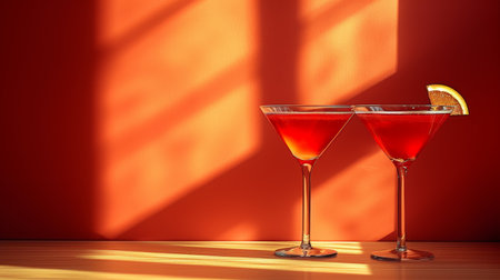 Silhouetted cocktail glasses against a warm, minimalist backdrop capture the essence of a summer sunset.の素材