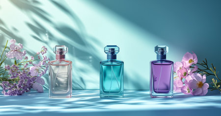 three bottles of perfume on a blue surface.の素材