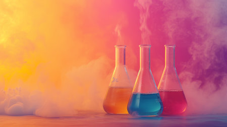 Vibrant chemicals reacting in beakers, showing the dynamic beauty of chemistry.の素材