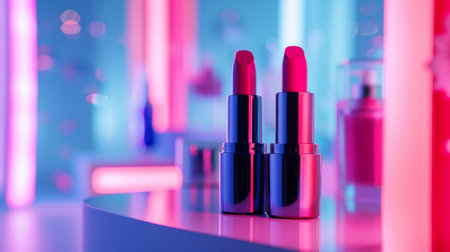 Vibrant lipsticks and luxurious skincare bottles showcased on a clean.の素材