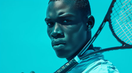 tennis man holding racquet.の素材