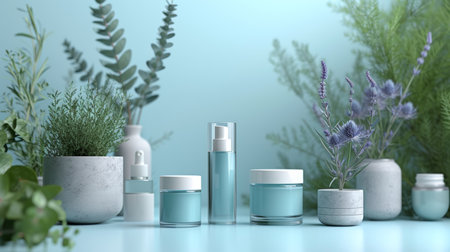 Minimalist backdrop highlighting skincare products with a sleek and modern aesthetic.の素材