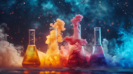 Vibrant chemicals reacting in beakers, showing the dynamic beauty of chemistry.の素材