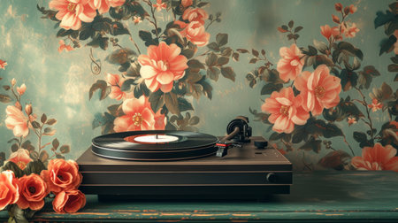 Vintage record player spinning vinyl records against a backdrop of faded floral wallpaper.の素材