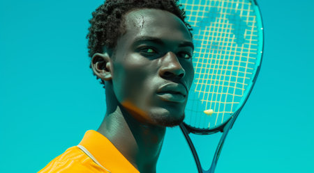 tennis man holding racquet.の素材