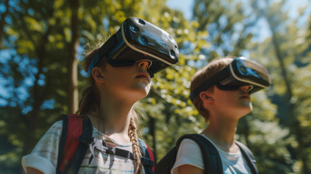 Teenagers exploring virtual worlds together in a public park.の素材