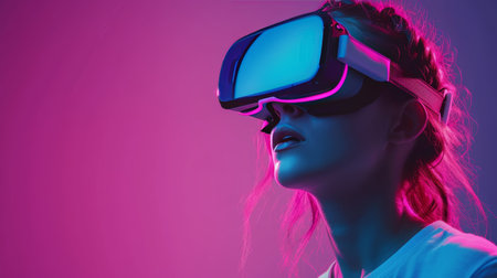 Woman exploring virtual environments through VR glasses, her face reflecting wonder and excitement.の素材