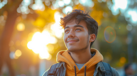 The student's vibrant spirit shines through the photo, bringing warmth and vitality to the scene.の素材