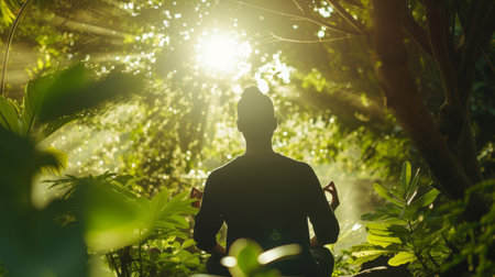 Sunlight streaming through lush green foliage onto a person meditating.の素材
