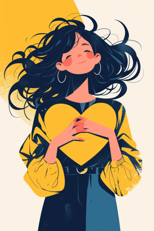 modern flat illustration woman with heart in hands.の素材