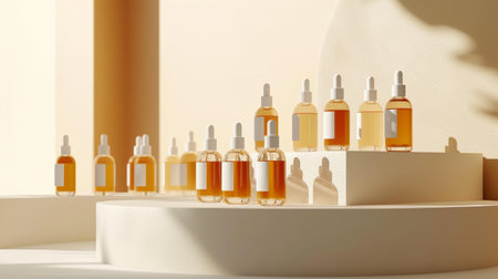 Precisely arranged rows of skincare serums and creams on a minimalist pedestal.の素材