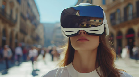 Woman wearing VR headset in a crowded city square, oblivious to the bustling surroundings.の素材