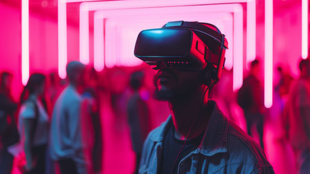 Man immersed in VR at a technology expo, surrounded by curious onlookers.の素材