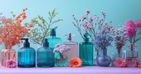 perfume bottles in colorful floral arrangement.の素材